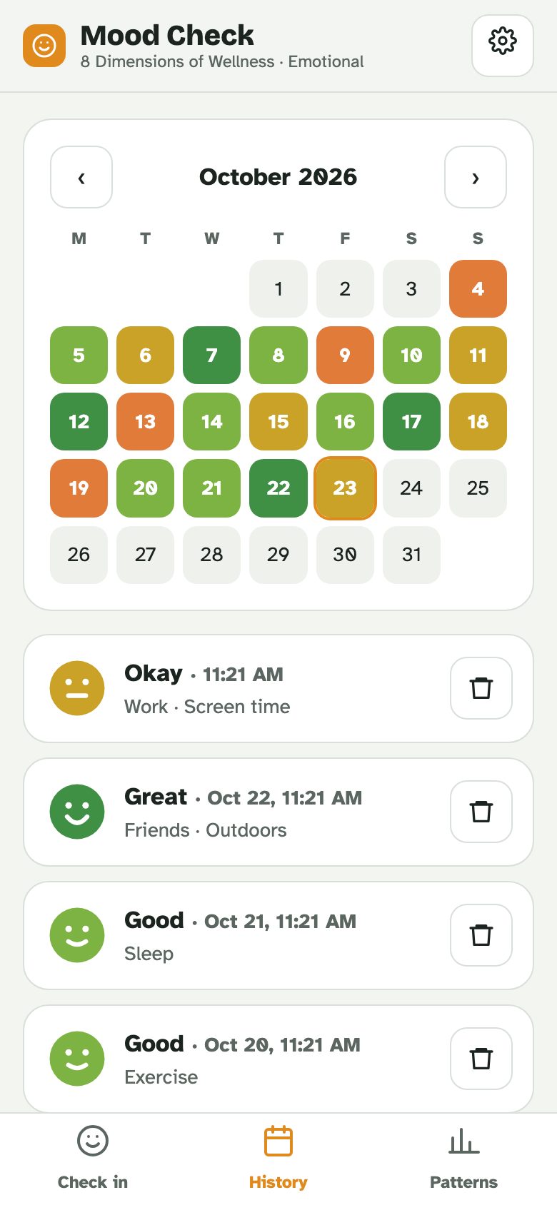 Screenshot of the history screen in the mood check app