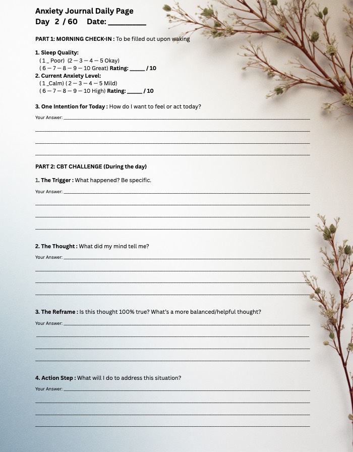 Left page of a day in the 60-day anxiety journal: the morning check-in and the CBT challenge