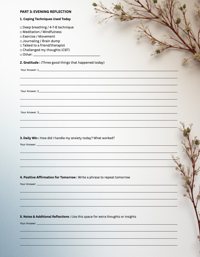 Right page of the same day: the evening reflection with coping techniques, gratitude, daily win and affirmation